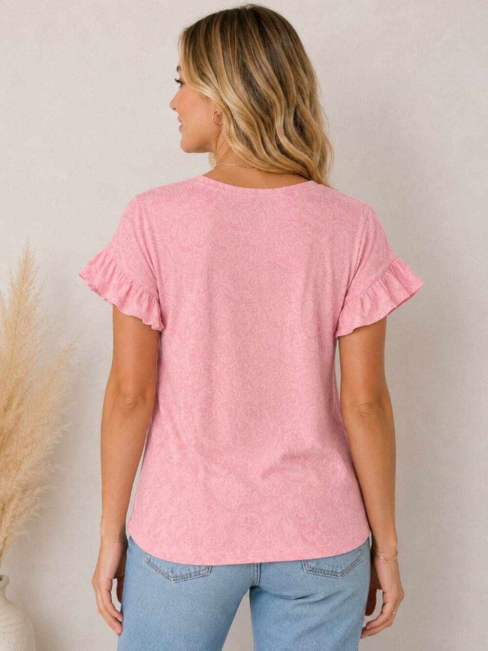 Women’s Pink Floral Ruffle Sleeve Top - Picture 2 of 5